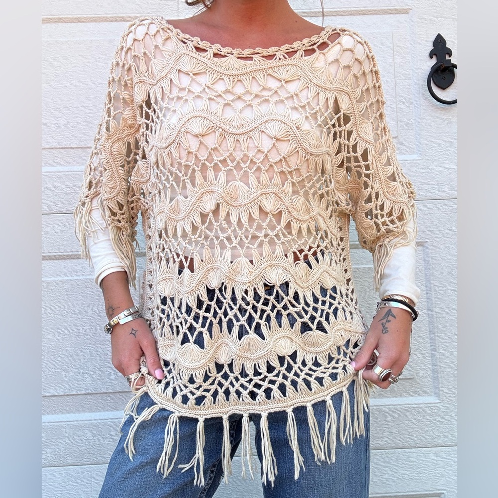 Chicos Cream Crochet Tassel Sweater Sz Small